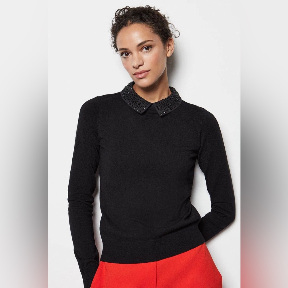 LOFT Black Crewneck Sweater with statement Collar